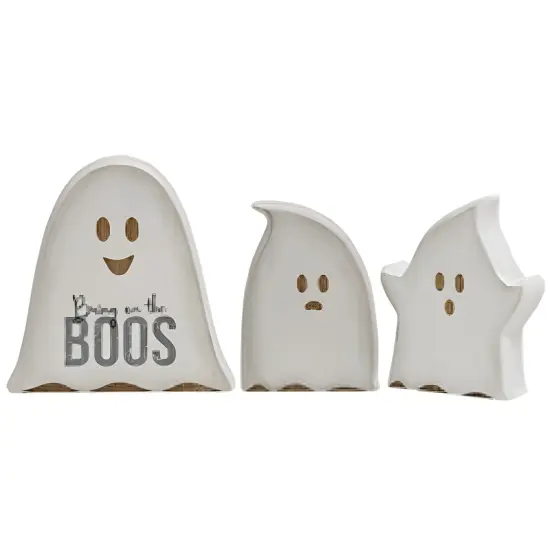 White Wood Ghost Sitters Set of 3 with Distressed Finish, Freestanding Halloween Decor {1}