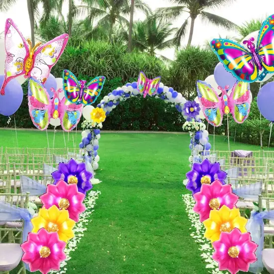 10 Pcs Foil Flower Butterfly Balloons, Colorful Butterfly Balloon with Floral Balloon, Sunflower Shaped Mylar Balloons, Spring Summer Floral Balloons {4}