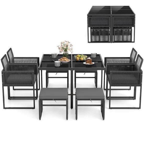 Costway 9 PCS Patio Dining Set with PE Rattan Chairs Tempered Glass Table and Ottomans {2}