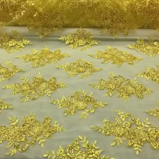 1 Yard Vibrant Yellow Sequin Lace Fabric with Intricate Embroidery on Mesh 51" Width {1}