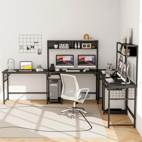 Costway L-shaped Desk with Power Outlet Large Corner Desk Converts to 2-Person Long Desk Rustic Brown/Black {4}