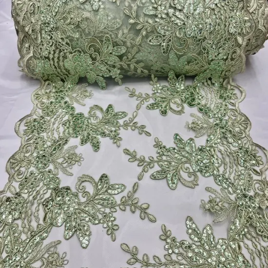 1 Yard Sage Sequin Lace Fabric Embroidered Mesh for Elegant Evening Gowns {1}