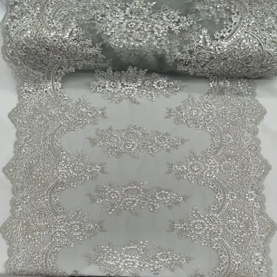 1 Yard Silver Sequin Lace Fabric with Embroidered Mesh and Double Scalloped Border 51" Width {1}