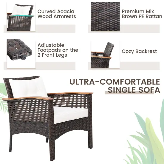 Costway 3PCS Patio Rattan Furniture Set Acacia Wood Table Top W/Shelf Cushioned {5}