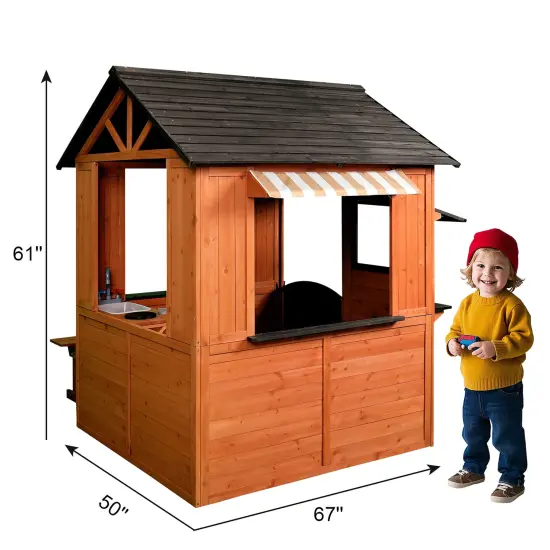 Easy Playhouse: Big Outdoor Wooden Playhouse - Working Door & Windows, Side Serving Station & Bench, Sink & Stove, Backyard Creative Toy Home, Kids 3+ {3}