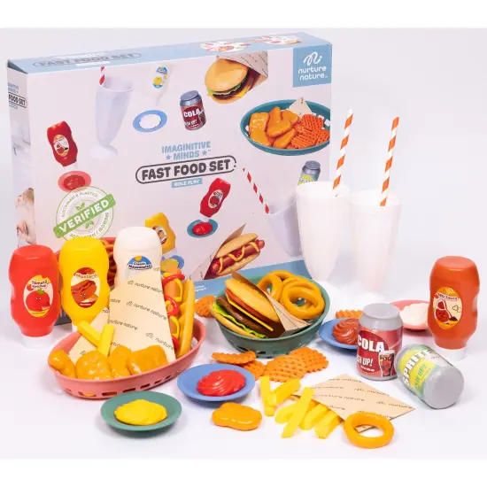 NurtureNature: Imaginative Minds - Fast Food Set - 56pc Toy Food, Burger, Fries, Hot Dog, Soda, Condiments, Kitchen Pretend Play Accessories, Kids 3+ {1}