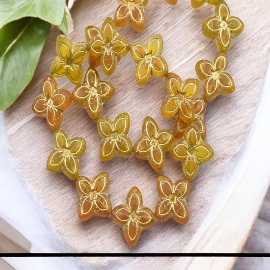 *10* 17mm Bronze Washed Matte Translucent Orange Amber 4 Petal Lily Flower Beads {3}