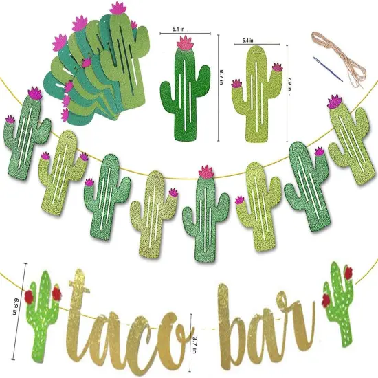 2 Set Fiesta Taco Bar Cactus Banner Garland, Gold Green Glittery Fiesta Banner for Mexican Fiesta Party Cinco De Mayo Decorations {4}