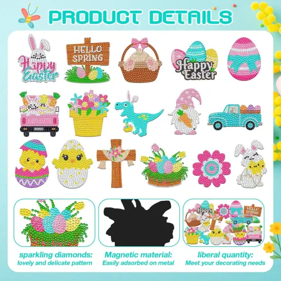 16 Pcs Easter Diamond Painting Magnets for Refrigerator Spring Diamond Art Magnets DIY Bunny Eggs Gnome Cross Flower Diamond Painting Kits Pink Yellow Easter Diamond Art for Adults Kids Crafts {4}