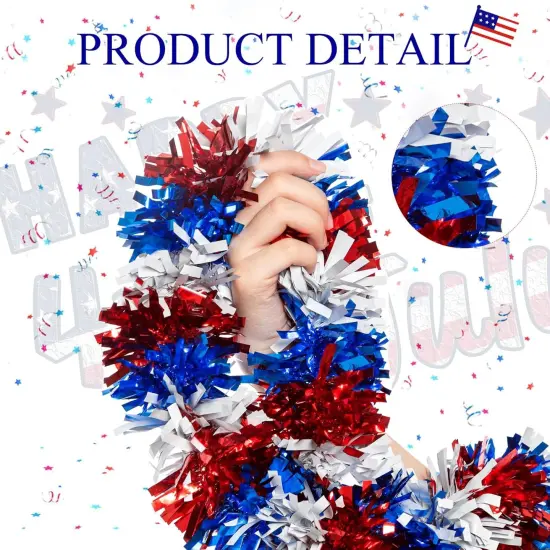 4th of July Patriotic Tinsel Garland Red White Blue Metallic Twist Foil Tinsel Garland Shiny Hanging Decorations for Independence Day Memorial Day Celebration Party Decorations {2}