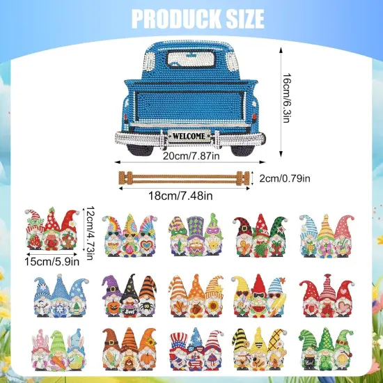 16PCS Interchangeable Diamond Painting Welcome Sign for Front Door Holiday Gnome Decor Blue Truck Hanging Sign Diamond Art Painting Kits for Adults Interchangeable Seasonal Decor for Home Wall {2}
