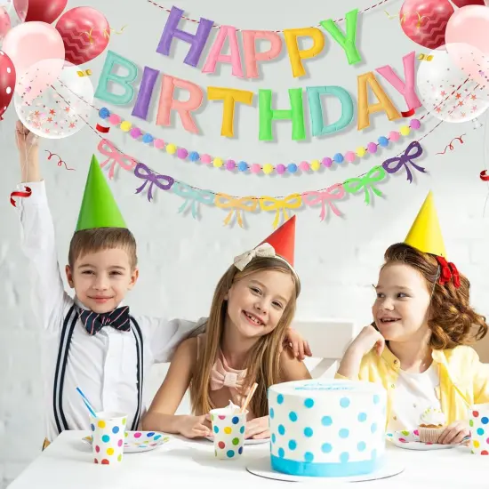 3Pcs 118 Inch Pre-Strung Happy Birthday Felt Banner - Felt Ball Garland -Pastel Birthday Banner with Bow Party Decorations Party Garland for Wall Decoration {4}