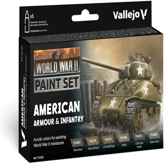 WWII American Armour & Infantry Model Color Paint Set( 6 bottles x 18 ml.0.6 fl.oz) {1}