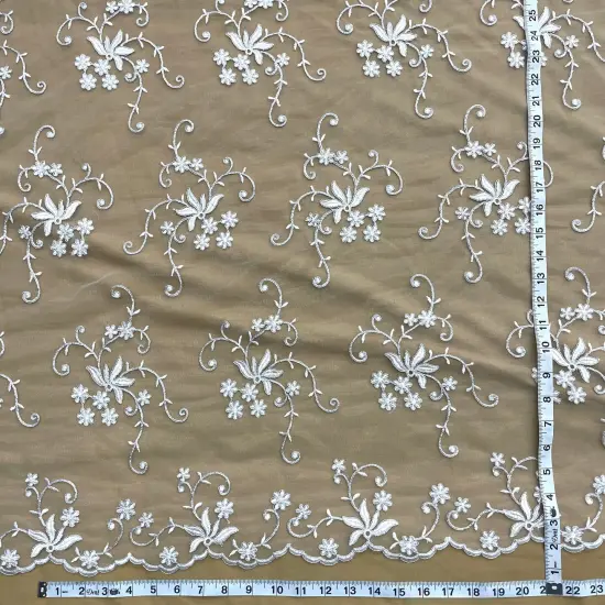 1 Yard Corded Bridal Lace Fabric Embroidered Elegant Net Mesh Wedding Dress 54" Width White with Silver {1}