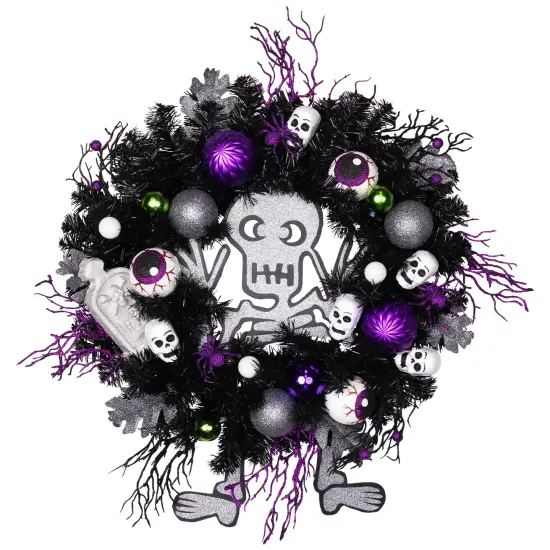 Northlight Purple and Black Spooky Skeleton Pine Halloween Wreath, 24-Inch, Unlit {3}