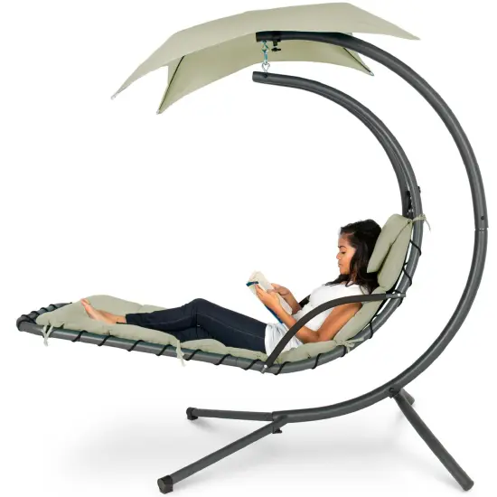 Best Choice Products Hanging Curved Chaise Lounge Chair Swing for Backyard, Patio w/ Pillow, Shade, Stand Sage {1}