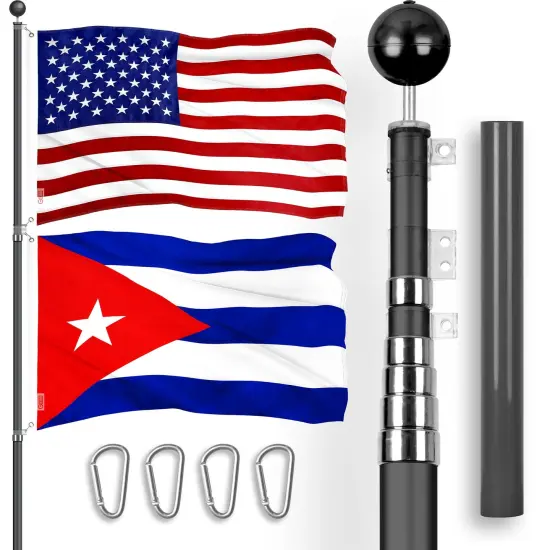 G128 Combo Pack: 20 Ft Telescoping Aluminum Flagpole (Black) & American and Cuba Flags 3x5 Ft, Both ToughWeave Series Embroidered Polyester | Pole with Flags Included {1}