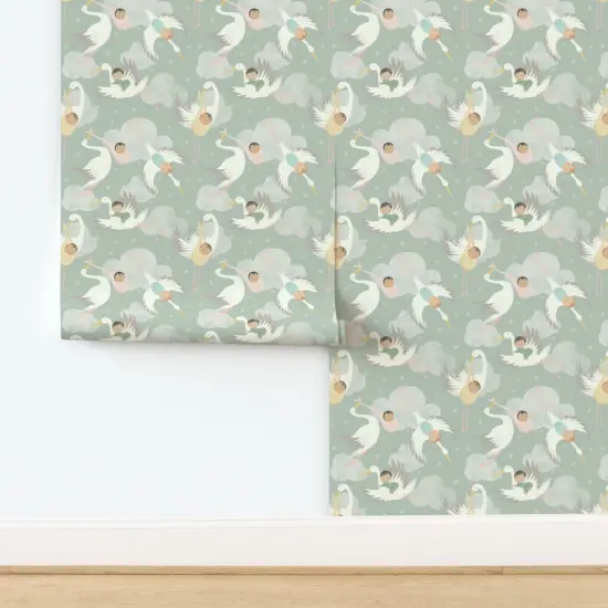 Pre-Pasted Wallpaper 2FT Wide Stork And Baby Sage Green Baby Nursery Pastel Whimsical Cute Toddler Kid Custom Pre-pasted Wallpaper by Spoonflower {2}
