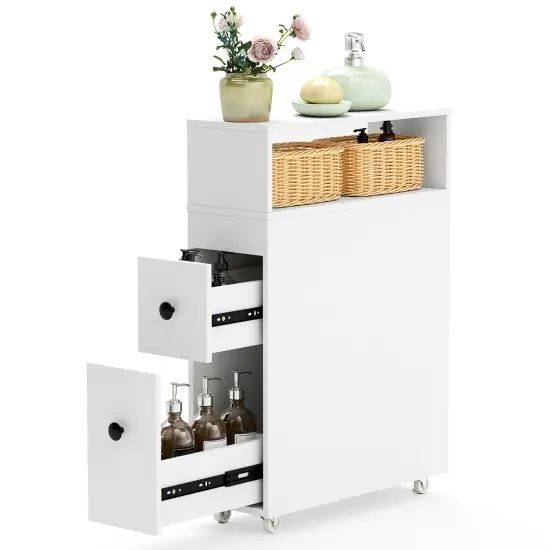 Costway Movable Bathroom Storage Cabinet Narrow Toilet Side Paper Holder w/ 2 Drawers {1}