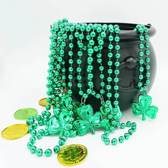4E's Novelty 12 Pcs St Patricks Day Beads Necklace Bulk Green Shamrock Beads for Irish Party Favors & Supplies, Costume Accessories {6}
