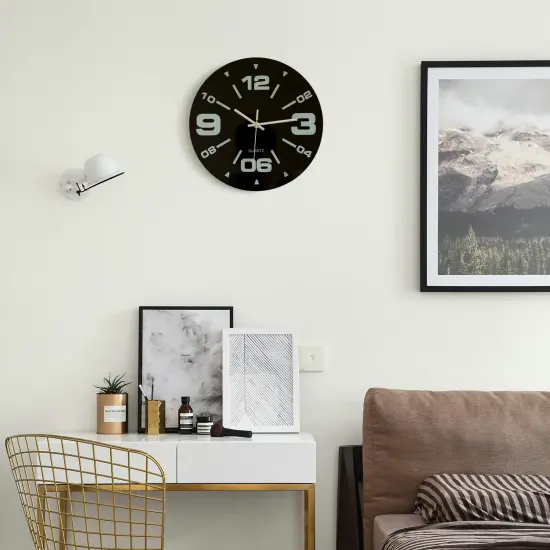 Clockswise Pack of 2 12 inch Black Decorative Unique Modern Round Glass Analog Wall Clock, Perfect for Office, Classroom, Living Room, Dining Room, Bed Room, Entryway and Kitchen Wall Decor. {1}