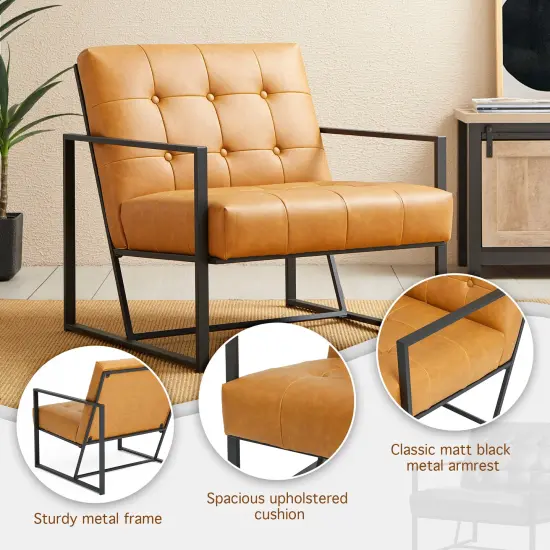30.5"H Mid-Century Modern Leatherette Button-tufted Accent Arm Chair with Black Metal Frame Camel {3}