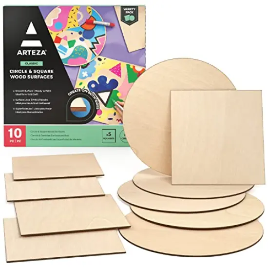 ARTEZA MDF Wood Slices, Set of 10, 5 x 11.8-Inch Circles and 5 x 9.05-Inch Squares, Unfinished Wooden Pieces for DIY Craft and Art Projects {1}