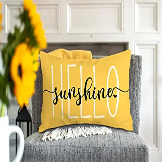 4TH Emotion Hello Sunshine Pillow Cover Farmhouse Yellow Lumbar Pillow Cover Spring Summer Decorations Cushion Case for Sofa Couch Polyester Linen 12x20 Inches {4}