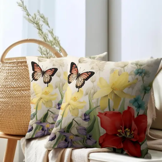 Spring Summer Flower Outdoor Decorative Pillow Covers 18x18 Inch Set of 2 Floral Butterfly Throw Pillows Spring Farmhouse Pillowcases Cotton Linen Cushion Covers for Couch Bed Sofa Chair Home Decor {4}