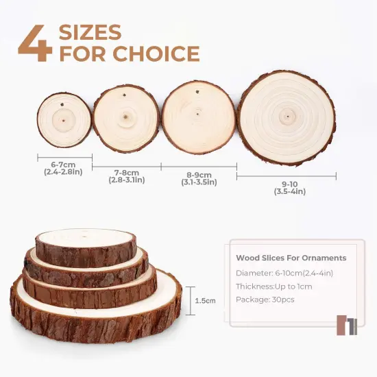 Wood Slices 30 Pcs 2.8-3.1 Inches Natural Wood Rounds Wooden Circles for Crafts Christmas Ornaments Unfinished Wood Kit with Predrilled Hole for DIY Arts Painting Centerpieces (2.8-3.1 inches) {9}