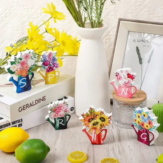 6 Pieces Spring Wood Block Signs Wooden Tabletop Spring Decor Flowers Decor Tiered Tray Decorations Watering Can Table Centerpiece Wall Pediments for Home Farmhouse Tabletop {5}