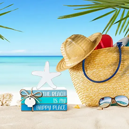 4 Pcs Starfish Shell Beach Tiered Tray Beach Blue Wooden Book Decor Wood Stacked Book Table Centerpiece for Summer Rustic Farmhouse Home Living Room Decorative(Starfish Shell) {4}