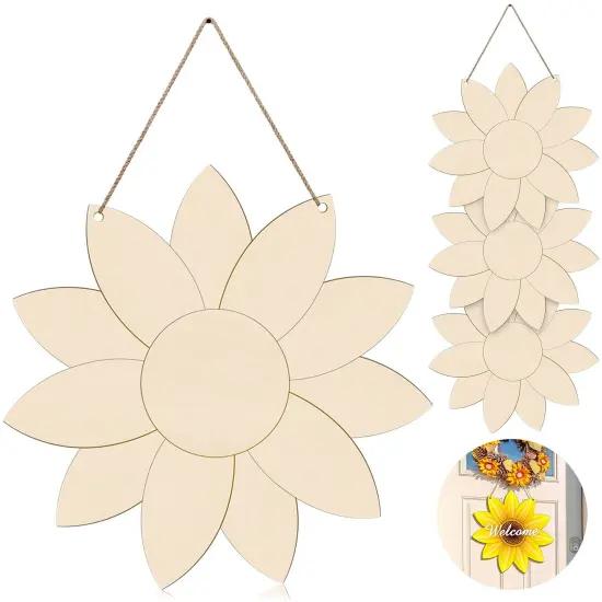 Unfinished Sunflower Wood Cutout Sunflower Sign Cutouts Sunflower Wood Door Hanger with 2.2 Yards Natural Rope for DIY Painting Hanging Welcome Sign Spring Summer Home Decoration (4) {1}