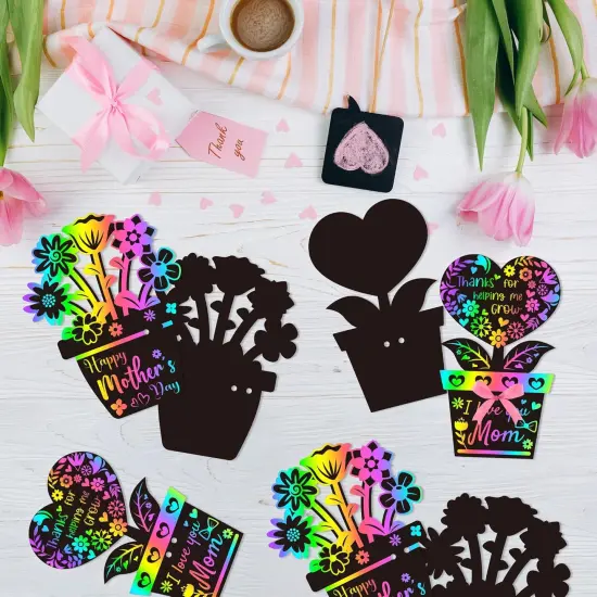 Flower Scratch Cards Craft - 60Pcs Mother's Day Flower Pot Scratch Cards Kit for Kids DIY Magic Color Craft Set Teacher Appreciation Gift School Classroom Home Fun Activities {3}