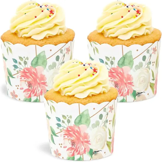 50 Pack Floral Cupcake Wrappers for Wedding, Watercolor Flower Paper Baking Cups and Muffin Liners for Garden Tea Parties, Baking Favors, Bridal or Baby Showers- (2.25 x 2.75 In) {3}