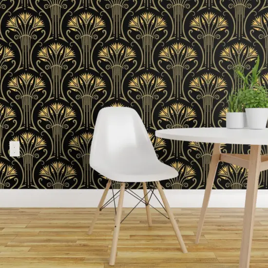 Pre-Pasted Wallpaper 2FT Wide Floral Damask Black Yellow Abstract Flowers Vintage Glam Custom Pre-pasted Wallpaper by Spoonflower {1}