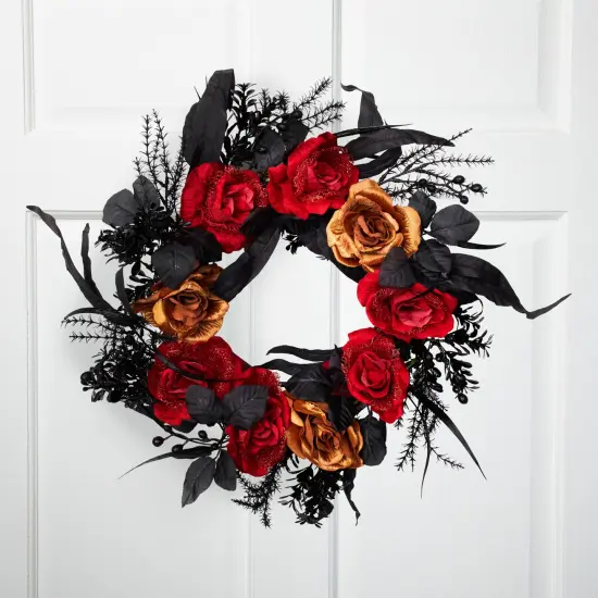 Northlight Roses with Mixed Foliage Halloween Wreath - 22" - Red and Gold - Unlit Black {1}