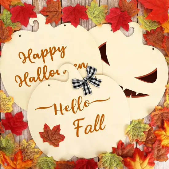 5 Pieces 11.6 Inch Thanksgiving Unfinished Wood Pumpkin Cutout with 80Pcs Fake Maple Leaves {2}