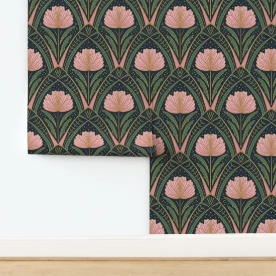 Peel & Stick Wallpaper 2FT Wide Art Deco Peony Dark Blue Pink Green Floral Abstract Botanical Nouveau Custom Removable Wallpaper by Spoonflower {3}