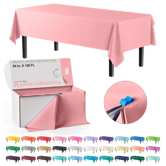 Exquisite Party Solids 54" x 100' Plastic Table Cover Roll with Slide Cutter &ndash; Cut-to-Size Dispenser Box &ndash; Makes Up to 36 Disposable 8' Rectangle Tablecloths Pink {1}