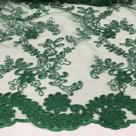 1 Yard Hunter Green Corded Sequin Lace Mesh Fabric with Double Scalloped Edge 54&rdquo; Wide {2}