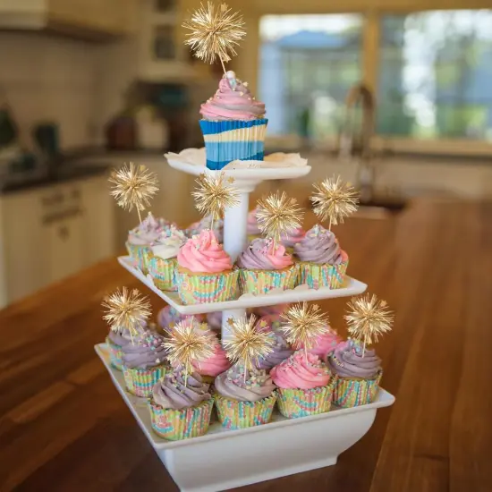 30Pcs Foil Firework Cupcake Toppers Happy Birthday Cake Toppers Sparkle Tinsel Flower Drink Stirrers Cocktail Food Fruit Toothpicks for Valentine's Day Party Supplies Gold {3}