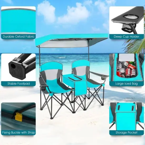 Steel Folding 2-Seater Camping Chair with Canopy and Cooler Turquoise Blue {5}