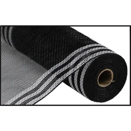10.25" Border Stripe Faux Jute Mesh Ribbon: Black/White (10 Yards) {1}