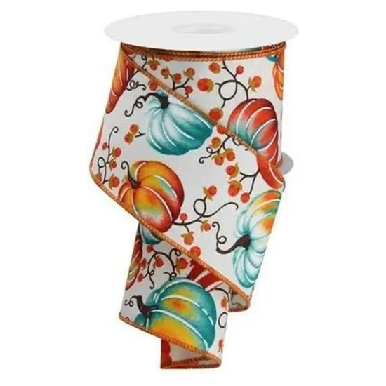 2.5" Pumpkins Bittersweet Ribbon: Ivory/Teal/Rust {1}