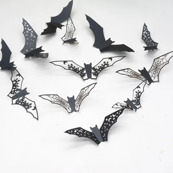 24Pcs 3D Bat Wall Stickers - Halloween Decor With Hollow Out Castle, Star, Moon Design {2}