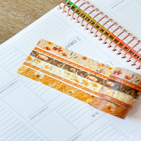 Fall Wildflowers Tan Orange Brown Boho Washi Tape Set September 2024 - W116 {5}