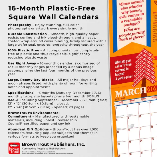 I Love Bacon | 2026 12 x 24 Inch (Hanging) Monthly Square Wall Calendar | Plastic-Free {6}