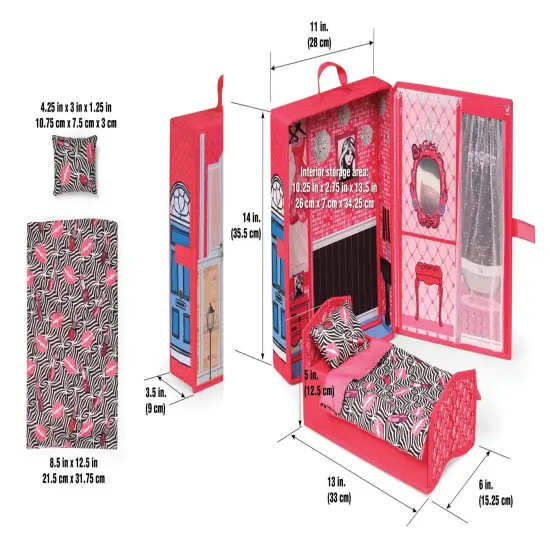 Badger Basket Home & Go Dollhouse Playset Travel & Storage Case with Bed/Bedding for 12-inch Fashion Dolls - Pink/Multi {4}