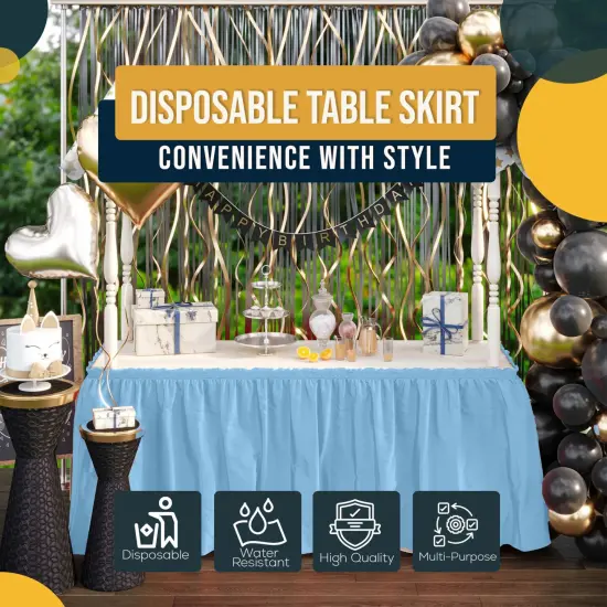 Ruffle Disposable Table Skirt 14 Ft Long Pleated Table Skirts with Adhesive Strip &ndash; Fits 6ft+ Rectangle or Round Tables &ndash; Ideal for Birthday Parties, Gender Reveal, Baby Showers & Event Decorations 6 pack by Exquisite Ligh Blue {6}